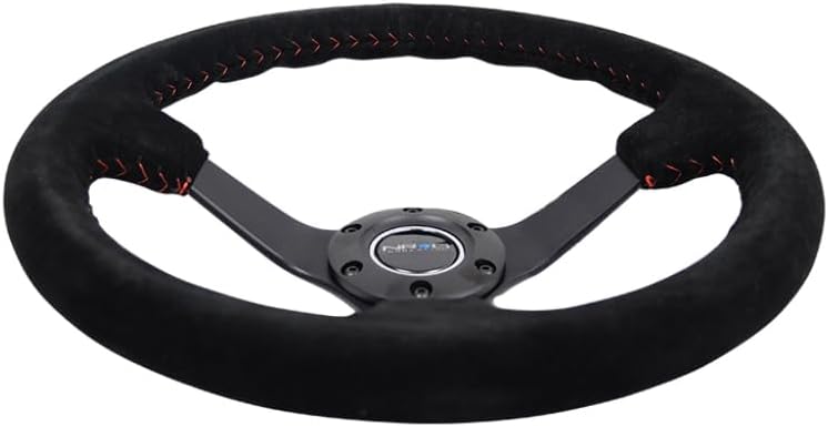 NRG Innovations NRG-RST-036MB-S-RD Reinforced Steering Wheel 3' Deep, 5mm Matte Black Spoke, 350mm Sport Steering Wheel Black Suede With Red Baseball Stitching