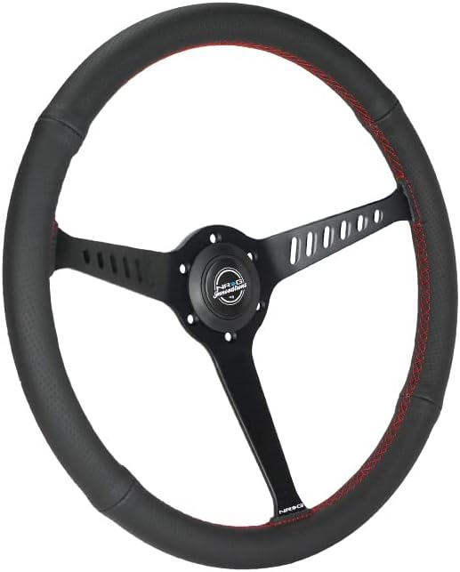 NRG Innovations NRG-RST-380-STL-R Reinforced Classic Stealth Wheel, 380mm, 3 Spoke Center with Diagnal Slits, 1' Deep Dish with Perforated Leather and Red Stitching