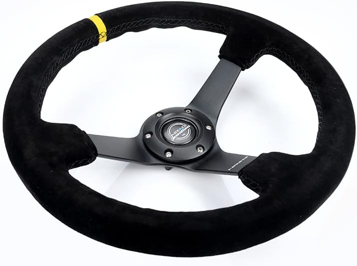 NRG Innovations NRG-RST-036MB-S-Y Reinforced Steering Wheel - 3' Deep, 5mm Matte Black Spoke, 350mm Sport Steering Wheel Black Suede With Black Criss Cross Stitching And Yellow Center Mark
