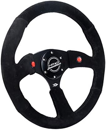 NRG Innovations NRG-RST-023D-S Reinforced Steering Wheel - 350mm Sport Suede Racing (2.5' Deep) Comfort Grip, 4mm Matte Black Spoke with Suede Finish and Dual Button