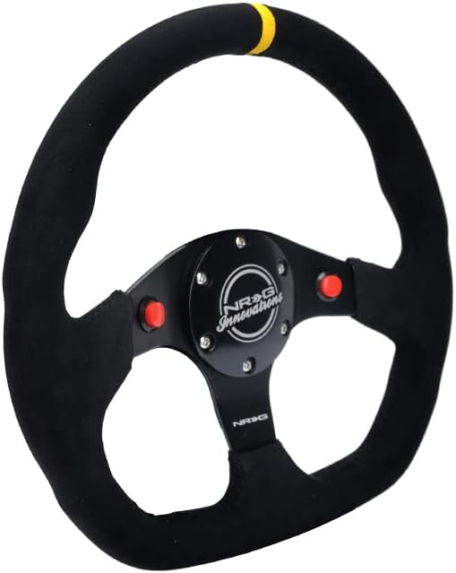 NRG Innovations NRG-RST-024D-MB-SA-Y Reinforced Steering Wheel 320mm Sport Alcantara Dual Push Buttons Flat Bottom with Yellow Center Mark