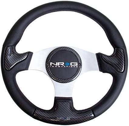 NRG Innovations NRG-ST-014CFSL Carbon Fiber Steering Wheel 350mm, Silver Frame Black Stitching with Rubber Cover Horn Button