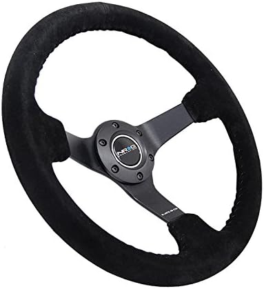 NRG Innovations NRG-RST-036MB-S-BK Reinforced Steering Wheel 3' Deep, 5mm Matte Black Spoke, 350mm Sport Steering Wheel Black Suede With Black Baseball Stitching