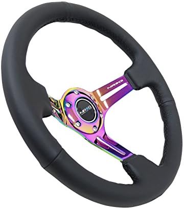 NRG Innovations NRG-RST-018R-MCBS Reinforced Steering Wheel 350mm 75mm Deep Sport Steering Wheel Leather (3' Deep) Black Stitch With Slits In Neochrome Double Riveted Spokes