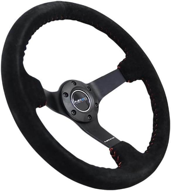 NRG Innovations NRG-RST-036MB-S-RD Reinforced Steering Wheel 3' Deep, 5mm Matte Black Spoke, 350mm Sport Steering Wheel Black Suede With Red Baseball Stitching