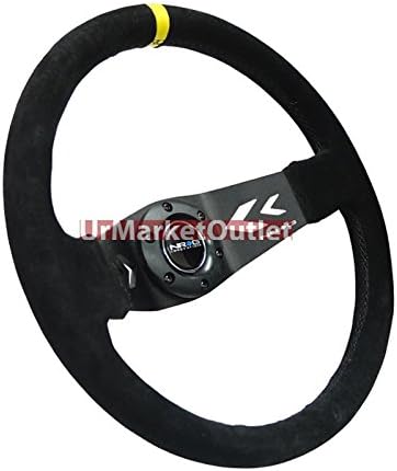 NRG Black Suede Handle/Black 3.00' Deep Dish Arrow Cutout Dual-Spoke/Yellow Center Stripe 6-Bolt Steering Wheel