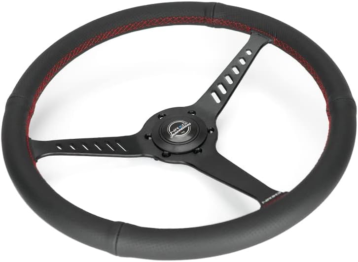 NRG Innovations NRG-RST-380-STL-R Reinforced Classic Stealth Wheel, 380mm, 3 Spoke Center with Diagnal Slits, 1' Deep Dish with Perforated Leather and Red Stitching