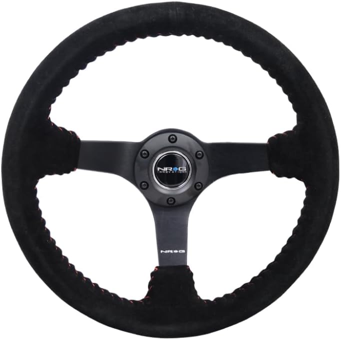 NRG Innovations NRG-RST-036MB-S-RD Reinforced Steering Wheel 3' Deep, 5mm Matte Black Spoke, 350mm Sport Steering Wheel Black Suede With Red Baseball Stitching