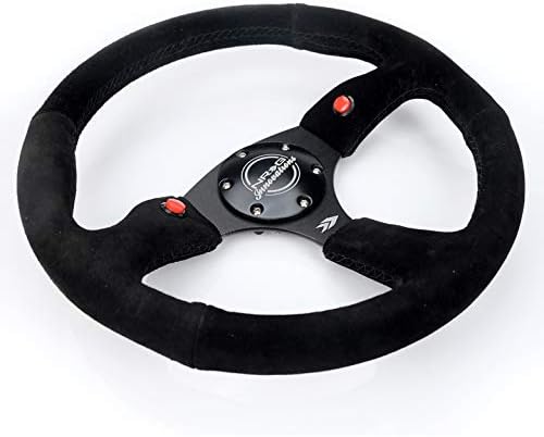 NRG Innovations NRG-RST-023D-S Reinforced Steering Wheel - 350mm Sport Suede Racing (2.5' Deep) Comfort Grip, 4mm Matte Black Spoke with Suede Finish and Dual Button