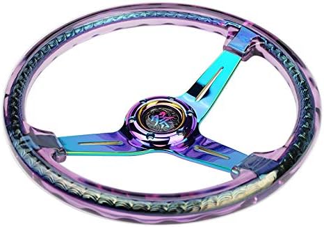NRG Innovations NRG-RST-027MC-PP Reinforced Steering Wheel 350mm 2' Deep Dish Clear Acrylic Steering Wheel in Purple and NeoChrome Spoke Finish with Slits.