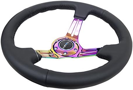 NRG Innovations NRG-RST-018R-MCBS Reinforced Steering Wheel 350mm 75mm Deep Sport Steering Wheel Leather (3' Deep) Black Stitch With Slits In Neochrome Double Riveted Spokes