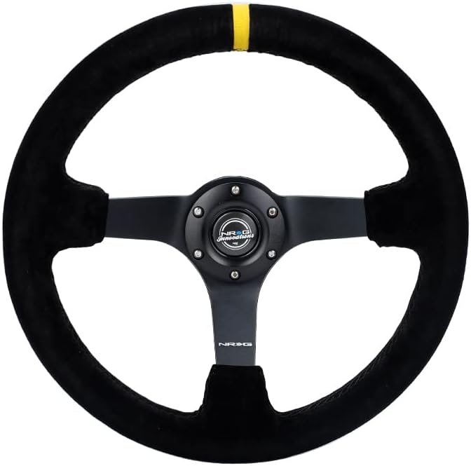 NRG Innovations NRG-RST-036MB-S-Y Reinforced Steering Wheel - 3' Deep, 5mm Matte Black Spoke, 350mm Sport Steering Wheel Black Suede With Black Criss Cross Stitching And Yellow Center Mark