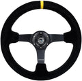 NRG Innovations NRG-RST-036MB-S-Y Reinforced Steering Wheel - 3' Deep, 5mm Matte Black Spoke, 350mm Sport Steering Wheel Black Suede With Black Criss Cross Stitching And Yellow Center Mark