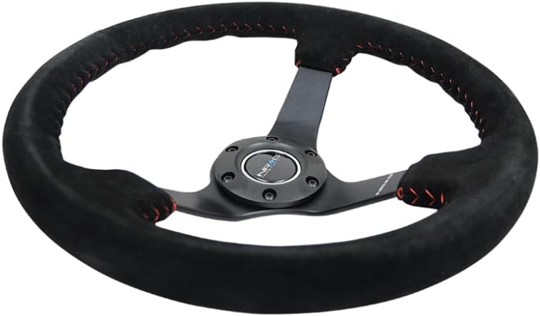 NRG Innovations NRG-RST-036MB-S-RD Reinforced Steering Wheel 3' Deep, 5mm Matte Black Spoke, 350mm Sport Steering Wheel Black Suede With Red Baseball Stitching