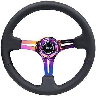 NRG Innovations NRG-RST-018R-MCBS Reinforced Steering Wheel 350mm 75mm Deep Sport Steering Wheel Leather (3' Deep) Black Stitch With Slits In Neochrome Double Riveted Spokes