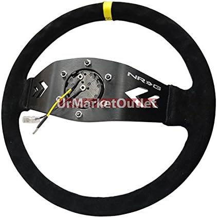 NRG Black Suede Handle/Black 3.00' Deep Dish Arrow Cutout Dual-Spoke/Yellow Center Stripe 6-Bolt Steering Wheel