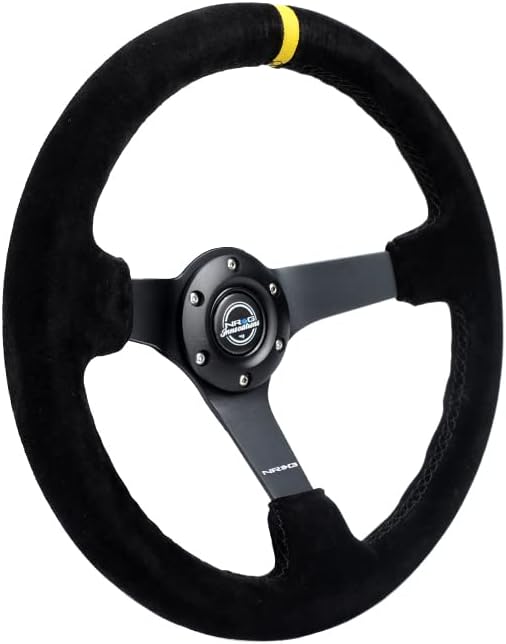 NRG Innovations NRG-RST-036MB-S-Y Reinforced Steering Wheel - 3' Deep, 5mm Matte Black Spoke, 350mm Sport Steering Wheel Black Suede With Black Criss Cross Stitching And Yellow Center Mark