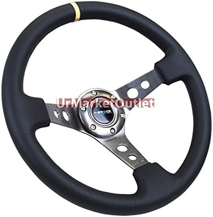 NRG Black Leather Handle/Gunmetal 3.00' Deep Dish Round Holes Tri-Spoke/Yellow Center Stripe 6-Bolt Steering Wheel