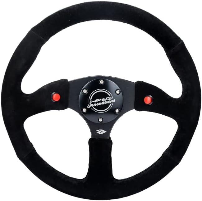NRG Innovations NRG-RST-023D-S Reinforced Steering Wheel - 350mm Sport Suede Racing (2.5' Deep) Comfort Grip, 4mm Matte Black Spoke with Suede Finish and Dual Button