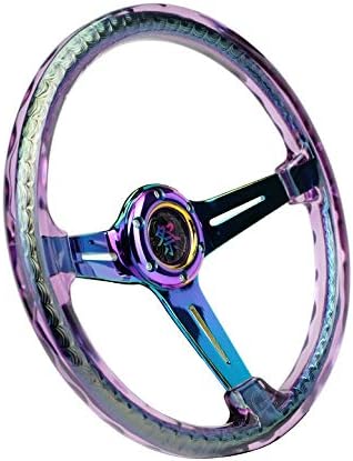 NRG Innovations NRG-RST-027MC-PP Reinforced Steering Wheel 350mm 2' Deep Dish Clear Acrylic Steering Wheel in Purple and NeoChrome Spoke Finish with Slits.