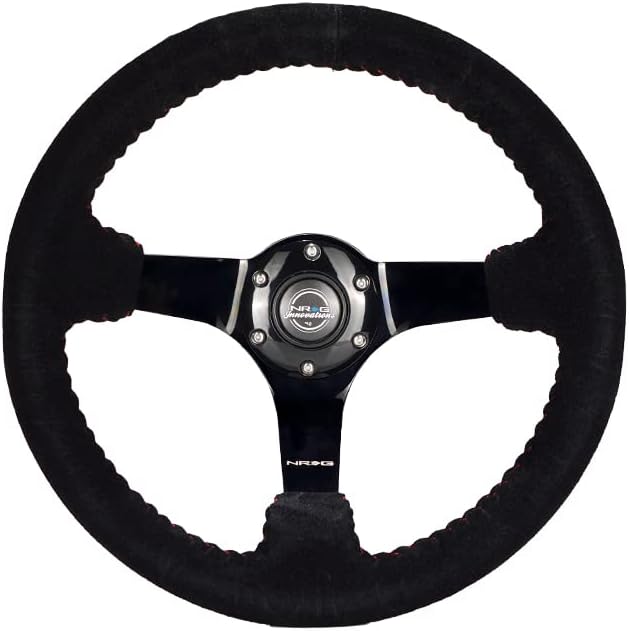 NRG Innovations NRG-RST-036BK-S Reinforced Steering Wheel 350mm Diameter Sport Steering Wheel (3' Deep) Black Suede With Red Baseball Stitching - BLACK Spoke