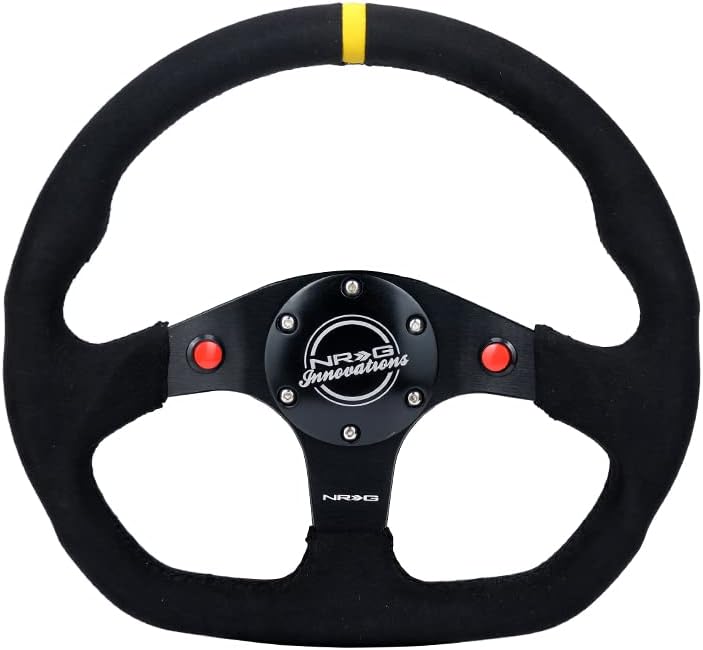 NRG Innovations NRG-RST-024D-MB-SA-Y Reinforced Steering Wheel 320mm Sport Alcantara Dual Push Buttons Flat Bottom with Yellow Center Mark
