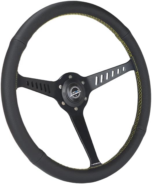 NRG Innovations NRG-RST-380-STL-Y Reinforced Classic Stealth Wheel, 380mm, 3 Spoke Center with Diagnal Slits, 1' Deep Dish with Perforated Leather and Yellow Stitching