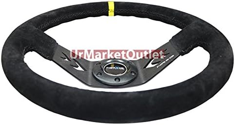 NRG Black Suede Handle/Black 3.00' Deep Dish Arrow Cutout Dual-Spoke/Yellow Center Stripe 6-Bolt Steering Wheel