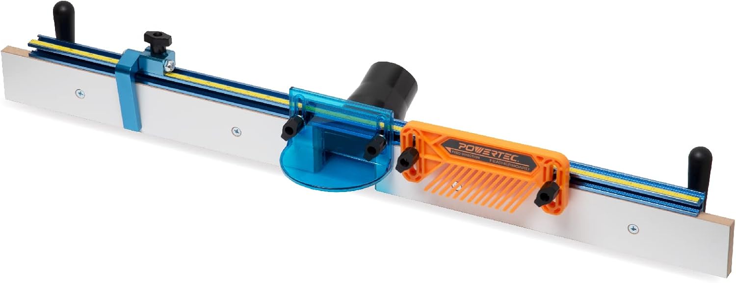 POWERTEC Router Table Fence System 3-1/2' Tall 32' Long, Router Fence Kit with Adjustment Knob, Aluminum Flip Stop, Measuring Tape, Feather Board, Bit Guard, and Built-In 2-1/2' Dust Port - 71655