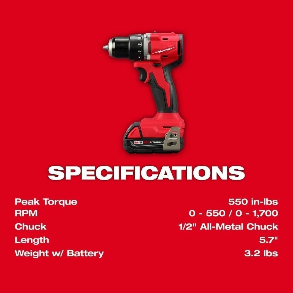 3601-21P Cordless Drill/Driver for Milwaukee M18 18V Compact Brushless 1/2' Drill/Driver Kit