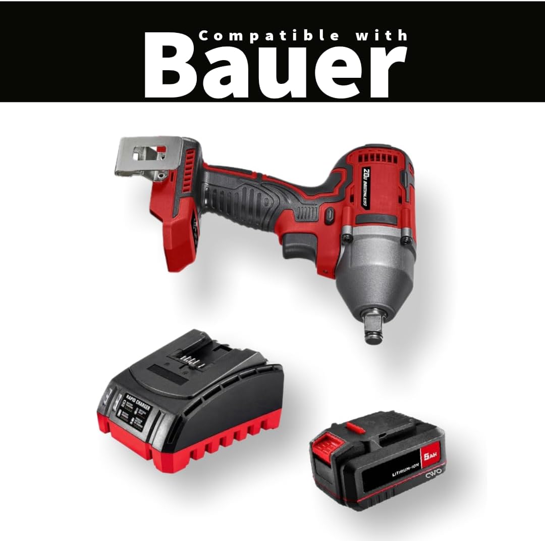 Fits BAUER 20V Brushless Cordless 1/2 in. 3-Speed Impact Wrench, with 5Ah Lithium Ion Battery & Rapid Charger - Delivers 300 ft-lbs of Max Torque, All-Metal Gearing, Bright LED Light