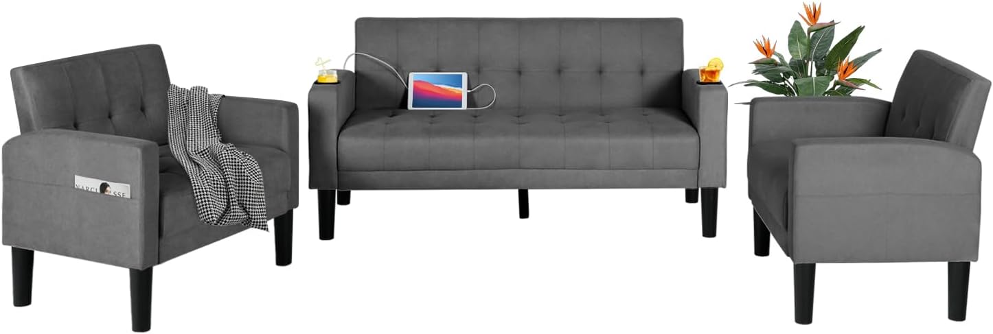 AILEEKISS 3 Piece Living Room Sofa Set Loveseat Sofas Sets with 2 USB,Cup Holders,Side Pocket,Modern Fabric 3 Pcs Sectional Couches Set for Apartment,Office,Bedroom (2-Seat+1-Seat+1-Seat, Dark Grey)