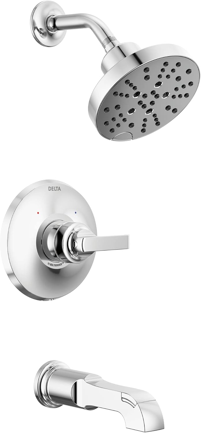 Delta Tetra 14 Series H2Okinetic Bathtub and Shower Faucet Set, Chrome Shower Head and Handle Set, Valve Trim Kit, Lumicoat Chrome T14489-PR (Valve Not Included)