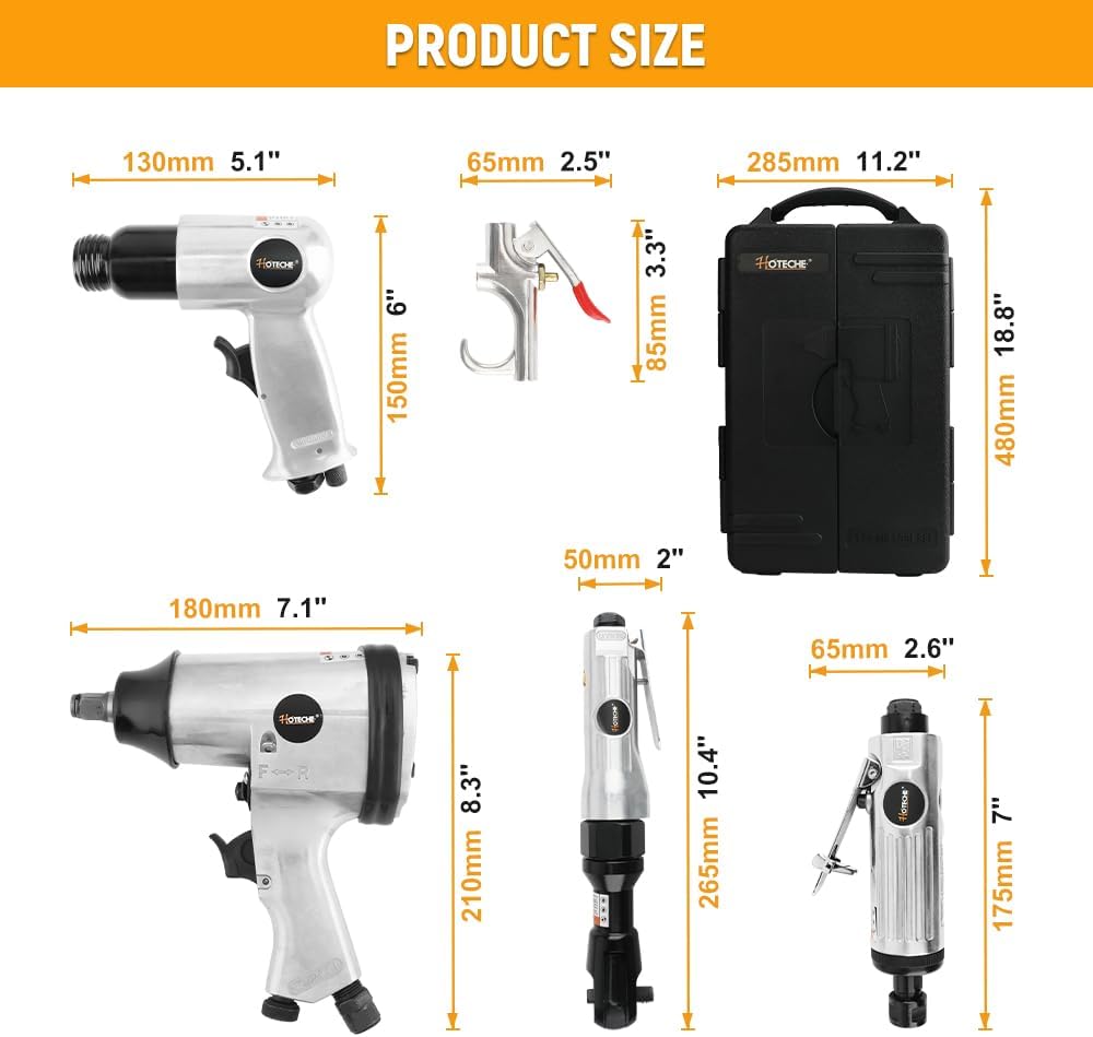 Hoteche 71-Piece Air Tool Kit | 1/2' Single-Hammer Air Impact Wrench (7000RPM), 1/2' Air Ratchet Wrench & Multiple Tools, Blow-Molded Case