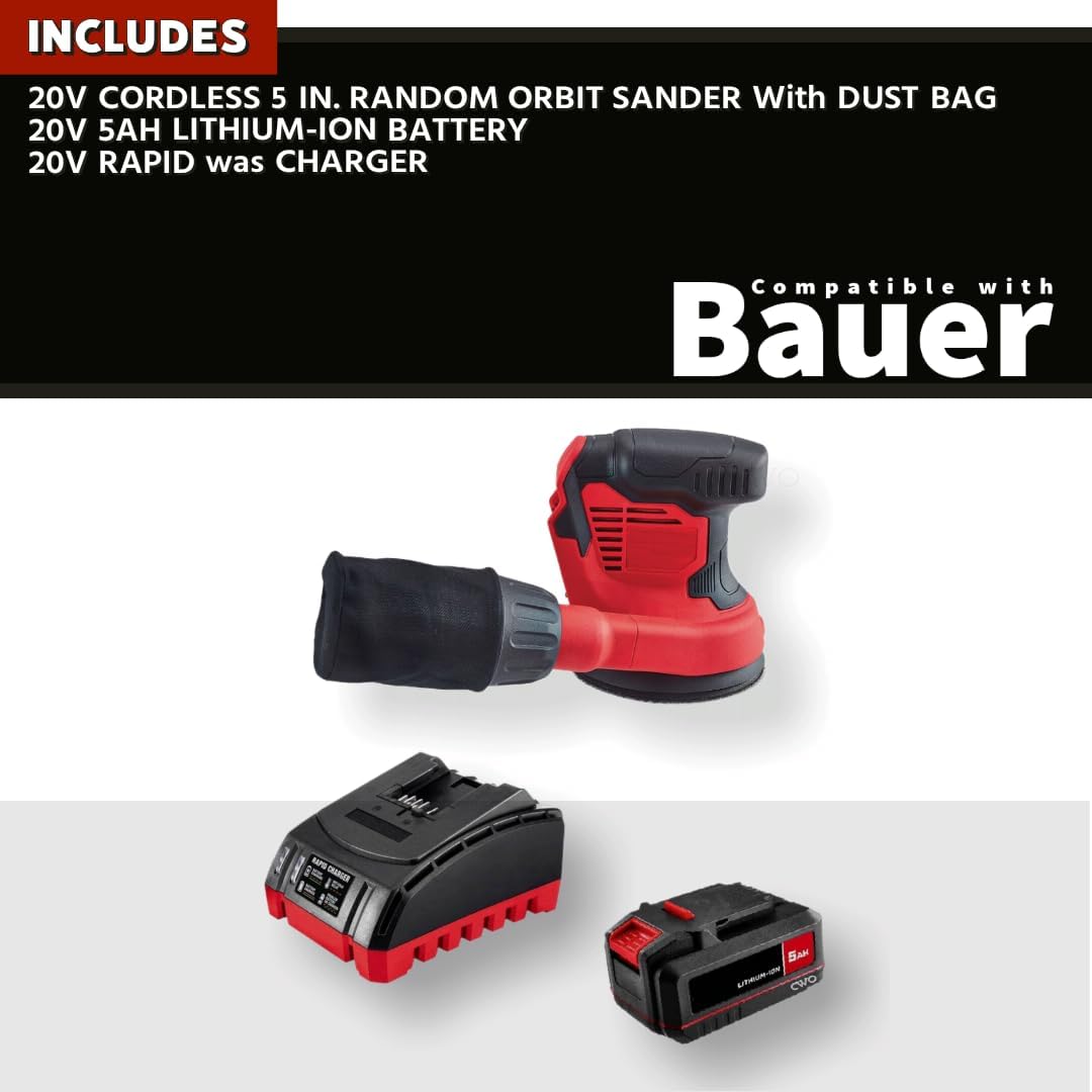 Generic Works with All BAUER 20V Tools: 5.0 Ah Battery and Charger Kit with FREE Cordless 5 in. Random Orbit Sander