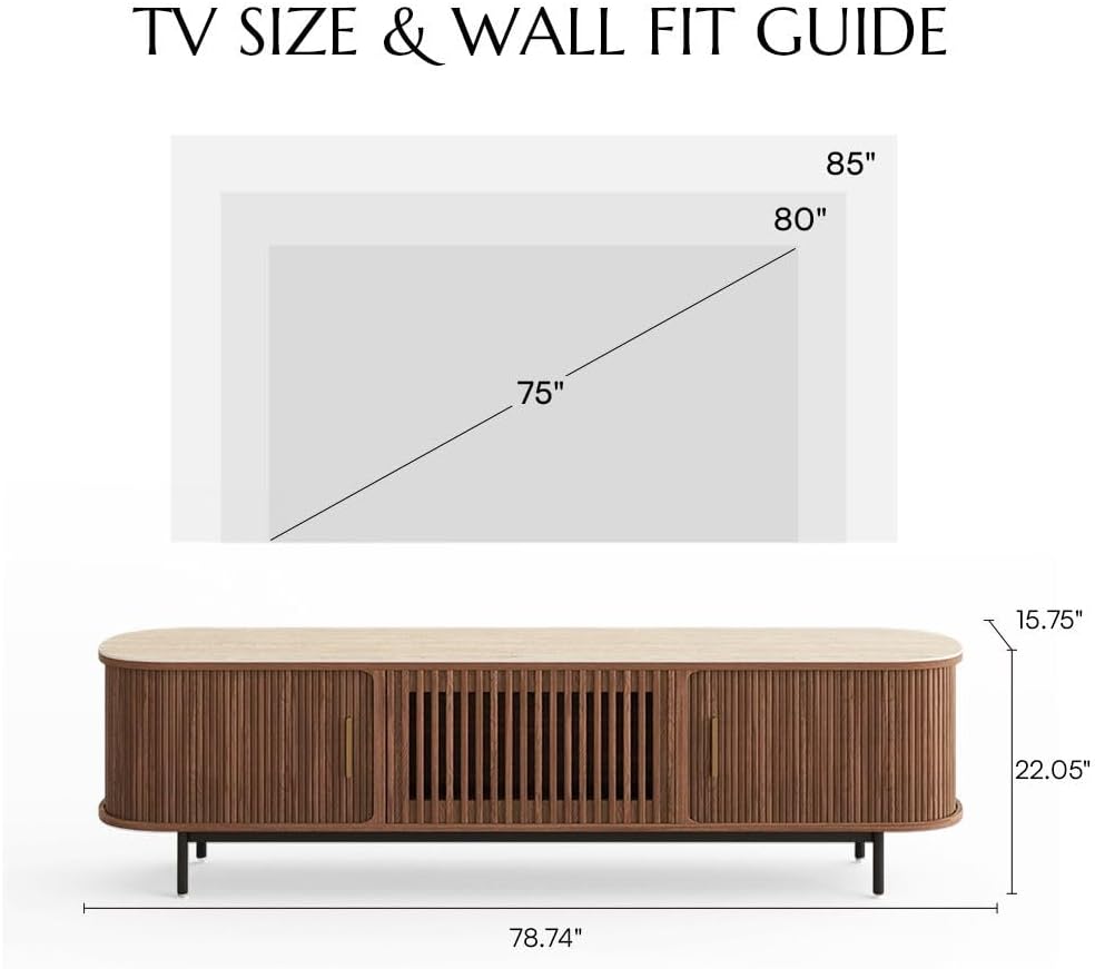 POVISON Fully-Assembled Sliding Tambour Door TV Stand, Mid Century Modern Sintered Stone TV Console, Wood Media Console for 75 Inch TV, Entertainment Center with Storage Cabinet (Walnut, 78.74')
