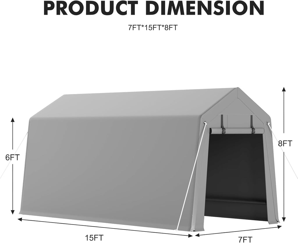 Shelter Logic 7 x 15 ft Carport Storage Shed - Heavy Duty Waterproof Tarp, 2 Roll-up Zipper Doors, Ideal for Motorcycle, Bike, Garden Tools, Firewood, Durable and Reliable Protection