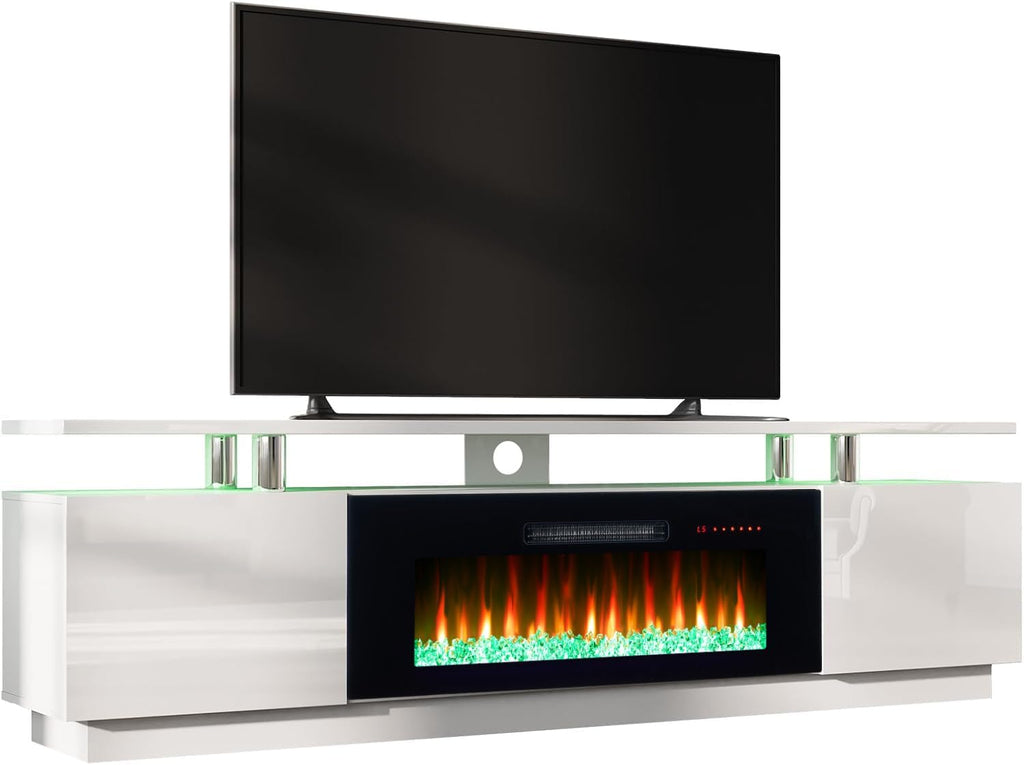 AMERLIFE Fireplace TV Stand with 40' Fireplace, 80' Modern Fireplace Entertainment Center LED Lights, 2 Tier TV Console Cabinet for TVs Up to 90', Ivory White