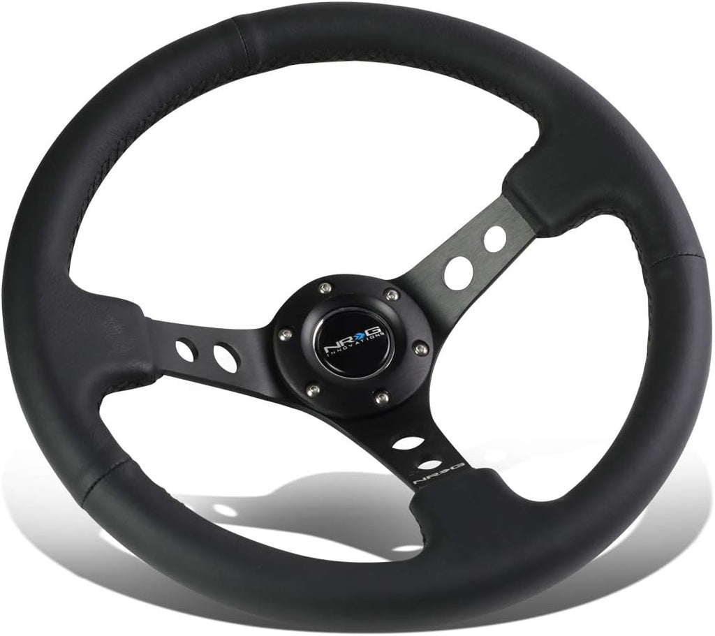 NRG Innovations RST-006BK Reinforced Steering Wheel (350mm Sport Steering Wheel (3' Deep) - Black Spokewith Round holes/Black Leather)