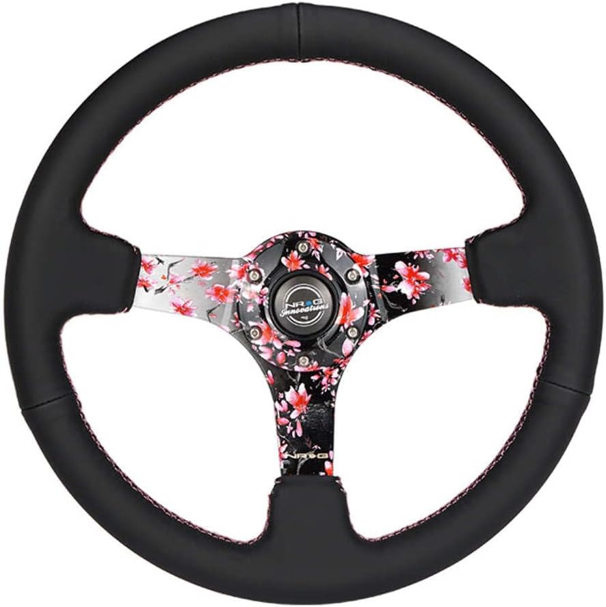 NRG Innovations NRG-RST-036SAK-R Reinforced Steering Wheel, Hydro Dipped Sakura Floral 3' Deep, 5mm Spoke, 350mm, Pink Suede with Black Baseball Stitching