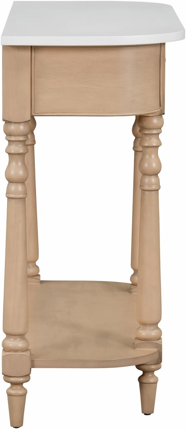 Retro Curved Console Table, 36' Solid Wood Half Moon Console Table Sofa Table Entryway Table with 1 Drawer 1 Open Shelf Roman Legs Curved Corners for Living Room,Entryway,Hallway,White+Beige