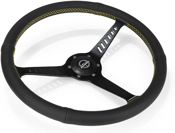 NRG Innovations NRG-RST-380-STL-Y Reinforced Classic Stealth Wheel, 380mm, 3 Spoke Center with Diagnal Slits, 1' Deep Dish with Perforated Leather and Yellow Stitching