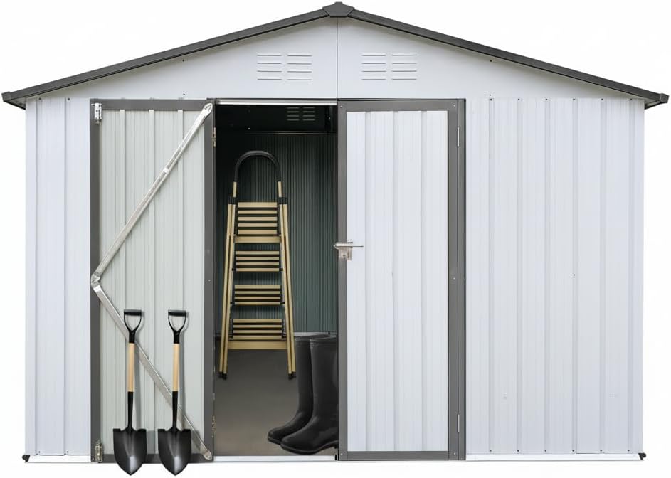 10X12 FT Outdoor Storage Shed, Galvanized Steel Garden Tools Shed with Hinged Door & Padlock, Large Storage Cabinets for Patio, Backyard, Lawn, Garden (White & Gray)