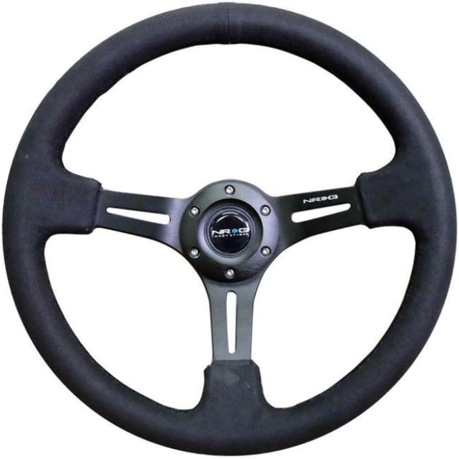NRG Innovations NRG-RST-018SA Reinforced Steering Wheel 350mm Sport Steering Wheel (3' Deep) Black Leather with Alcantara Stitching, Slit Spoke Design over Circular Cut-Outs