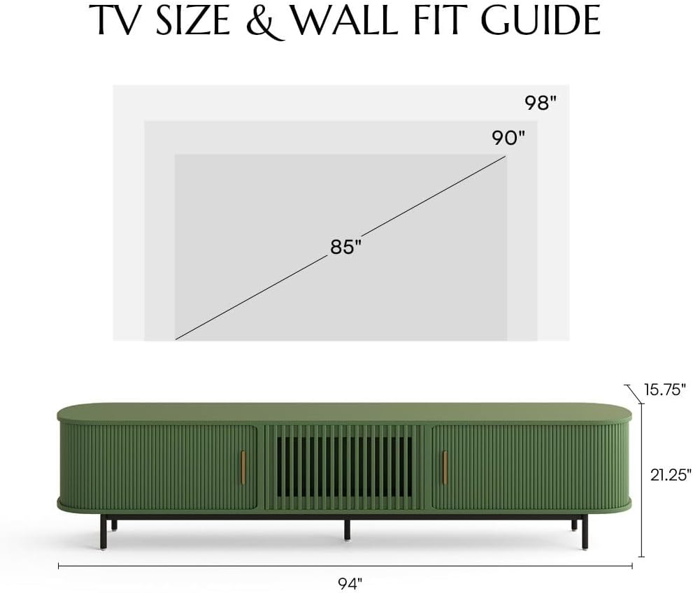 POVISON Fully-Assembled Modern Green TV Stand with Tambour Doors, Fluted TV Media Console for 85 Inch TVs, Sliding Door Entertainment Center with Storage for Living Room (Green, 94.49')