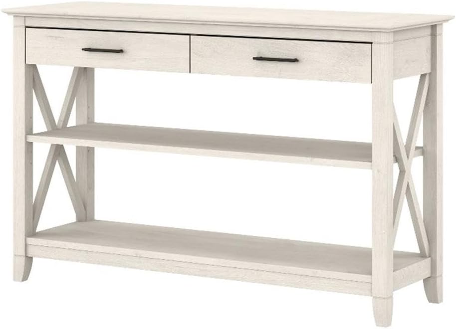 Bush Home Key West Console Table with Drawers and Shelves in Linen White Oak