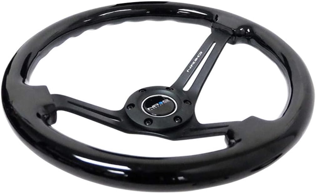 NRG Innovations NRG-RST-018BK-BK Reinforced Classic Wood Grain Steering Wheel, 75mm, 350mm, 3 Spoke Slotted Center Black With Black Painted Wood/Black Painted, Double Riveted Spokes + Horn