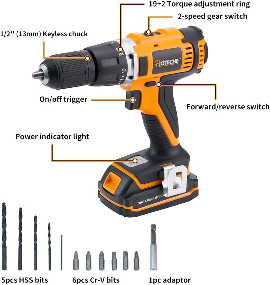 Hoteche 20V Cordless Power Tool Set - 3-in-1 Drill, Jig Saw, Angle Grinder with 2 Batteries (2.0Ah & 4.0Ah) & Fast Charger