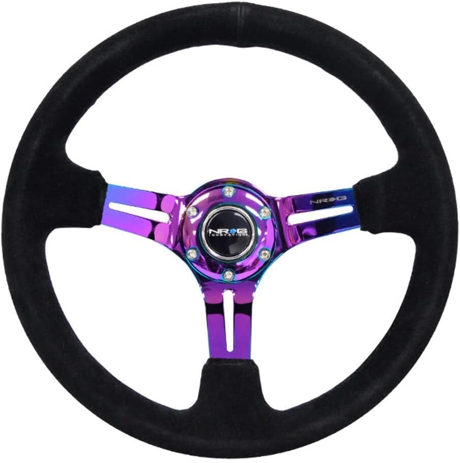 NRG Innovations NRG-RST-018S-MCBS Reinforced Steering Wheel 350mm 75mm Deep Sport Steering Wheel Suede (3' Deep) Black Stitch With Slits In Neochrome Double Riveted Spokes
