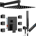 Matte Black Shower System with Body Jets, STARBATH 12 Inch Rainfall Shower and Handheld Spray, Wall Mounted Full Body Shower System Rough-in Mixer Pressure Balance Valve Shower Faucet Set Complete